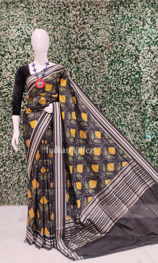 Black Yellow Mandar Flower Motif Sambalpuri Silk Saree