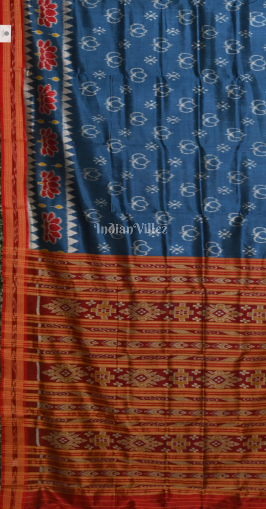 Blue Red Lotus Motif Odisha Ikat Khandua Silk Saree