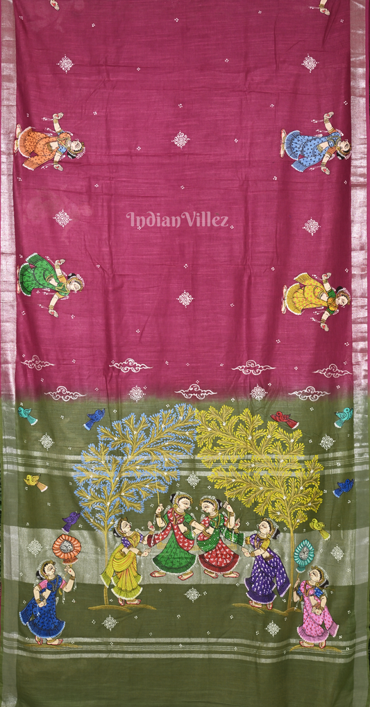 Maroon Mehendi Green raja Doli Theme Hand-Painted Pattachitra Saree
