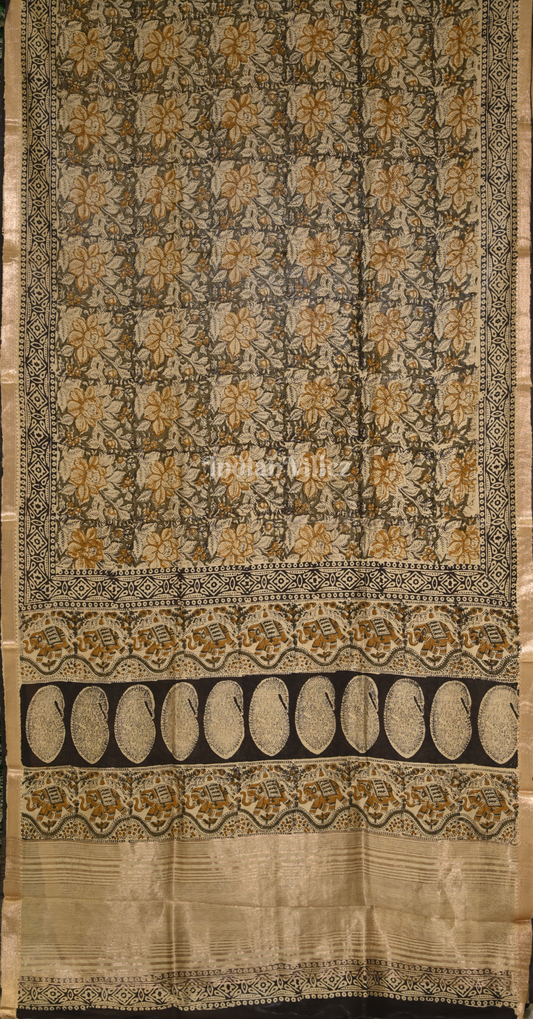 Cream with Multicolour Block Printed Bagru Cotton Saree