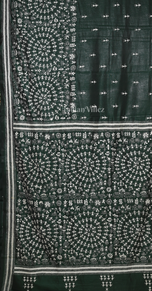 Dark Green Handwoven Kantha Stitch Silk Saree