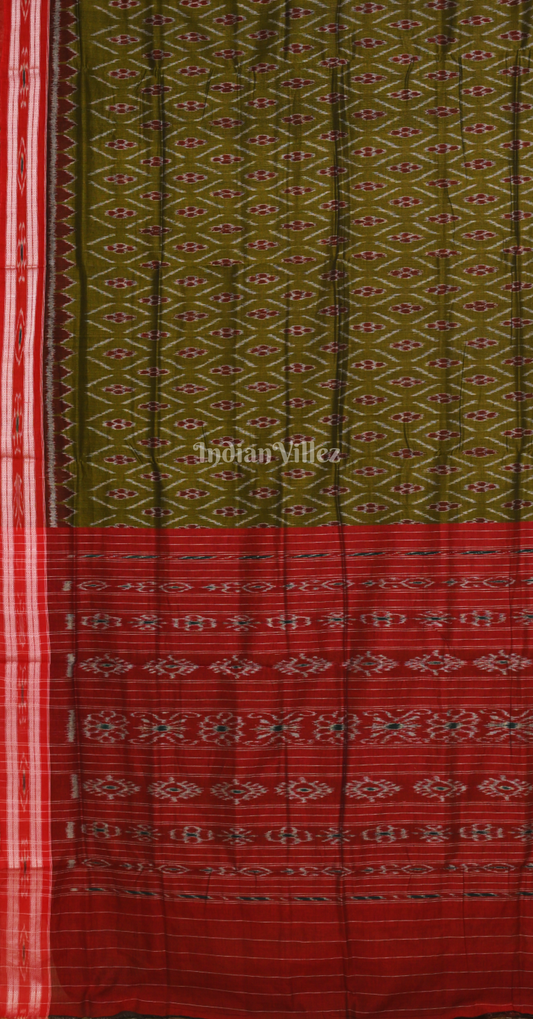 Mehendi Green Maroon Damru Pasapali Odisha Ikat Maniabandha Cotton Saree