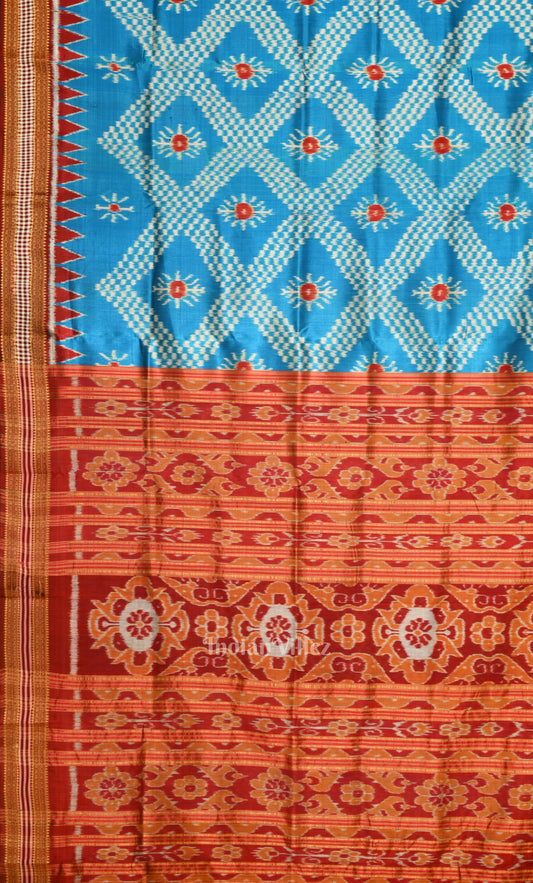 Sky Blue Red Tarabali Odisha Ikat Khandua Silk Saree