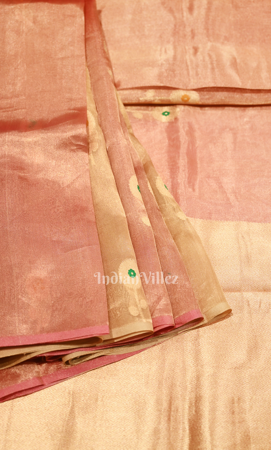Rust Orange Golden Pure Organza Kora Banarasi Silk Saree
