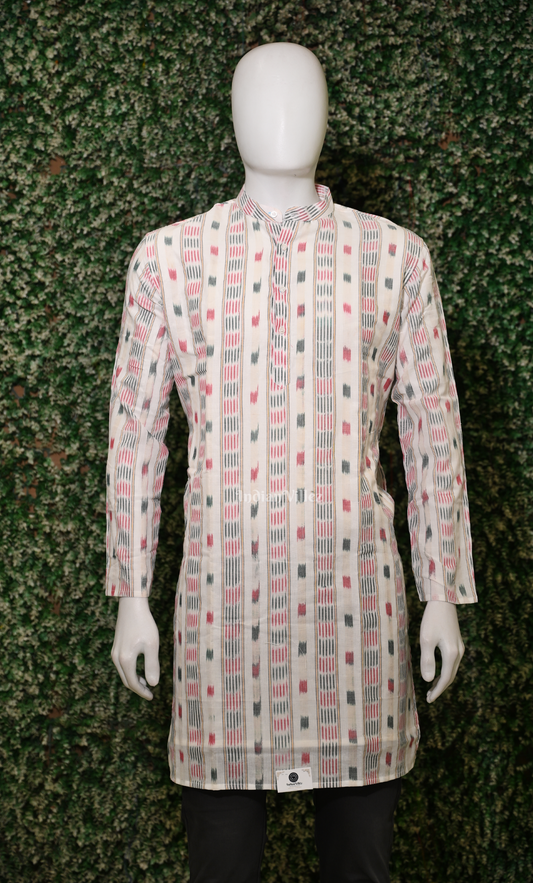 White with Multicolor Odisha Ikat Cotton Kurta for Men