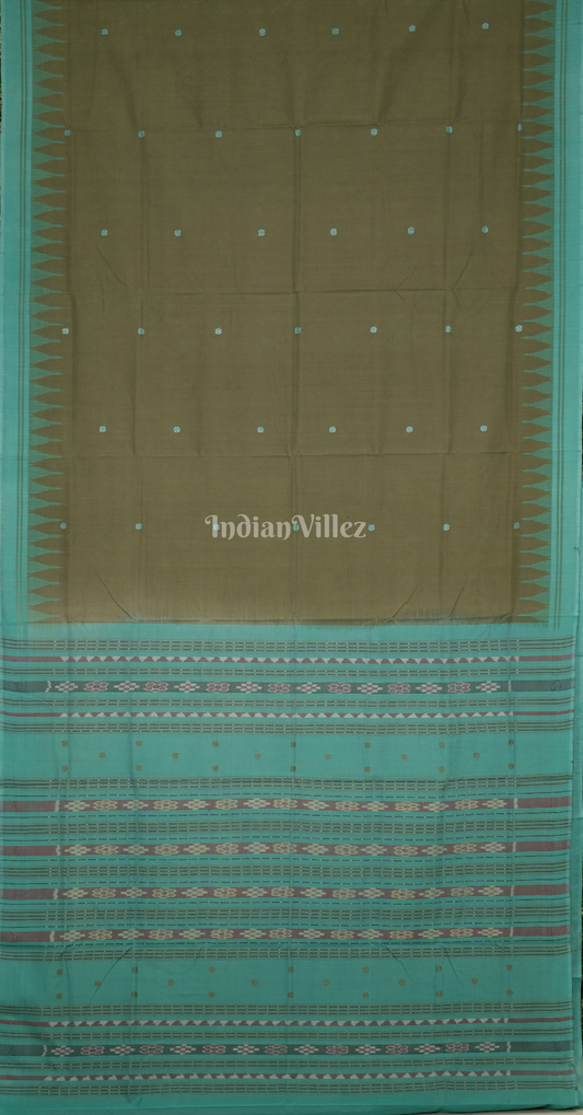 Moss Green Teal Blue Mini Buti Design Odisha Ikat Bomkai Cotton Saree