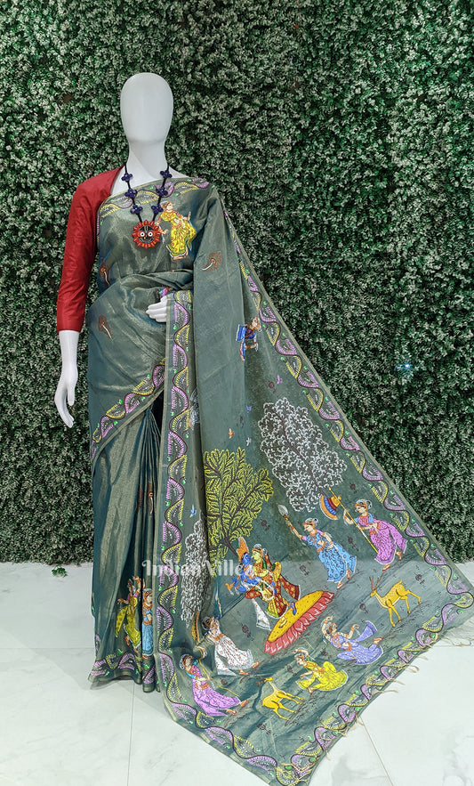 Light Blue Dual Tone Krishna Rasa Leela Hand-Painted Pattachitra Saree