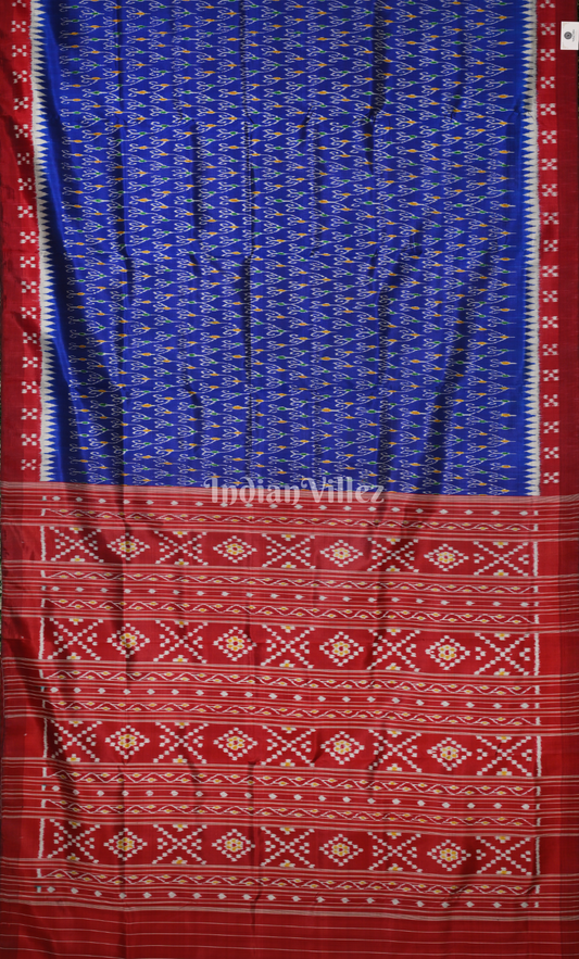Blue Red Odisha Ikat Contemporary Designer Silk Saree with Pasapali Border