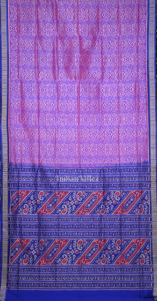 Purple Blue Flower Motif Odisha Ikat Sambalpuri Silk Saree