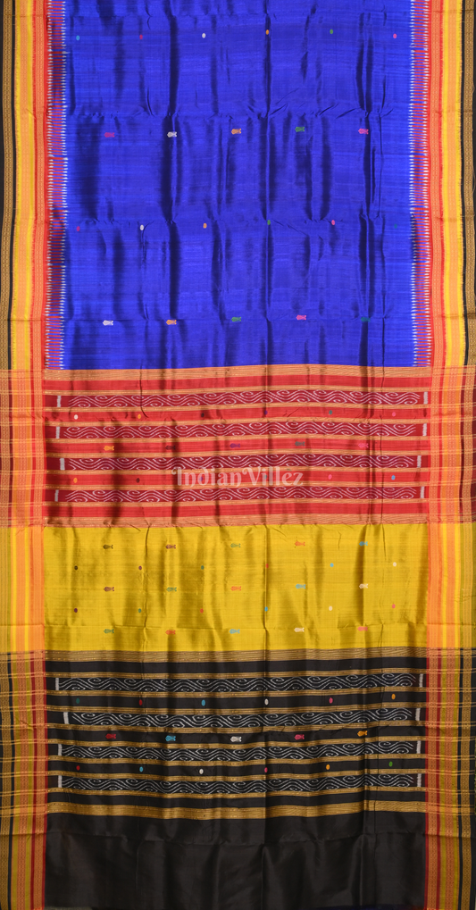 Royal Blue Fish Motif Kathiphera Odisha Ikat Khandua Silk Saree