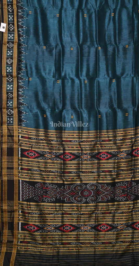 Cyan Blue Black Butti Pasapali Odisha Ikat Khandua Silk Saree