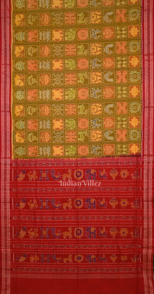 Moss Green Red Nabakothi Odisha Ikat Sambalpuri Cotton Saree
