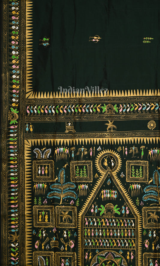 Bottle Green Saura Tribal Art Hand-Painted Pattachitra Saree