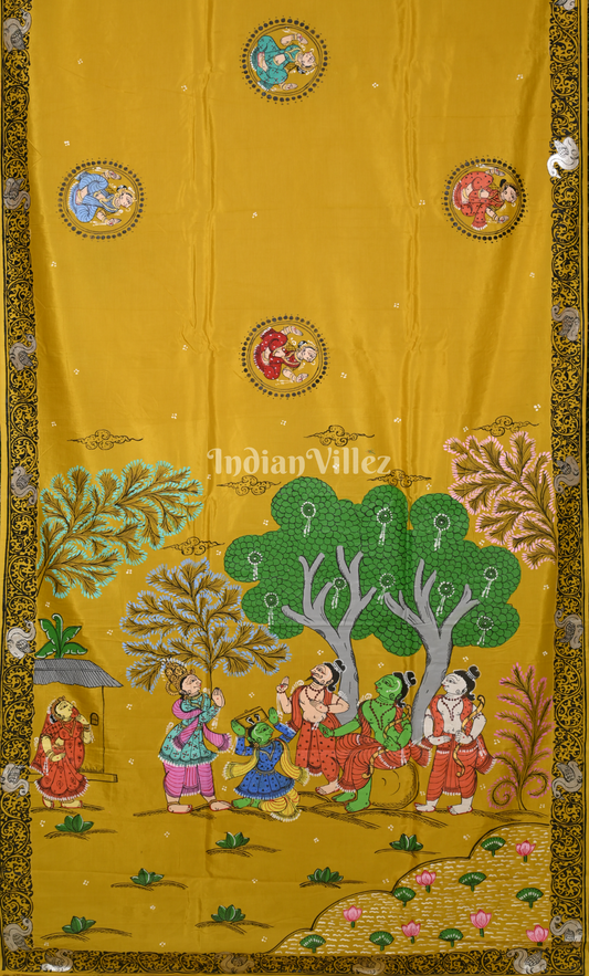 Mustard Yellow Ramayana Theme Hand-Painted Pattachitra Saree