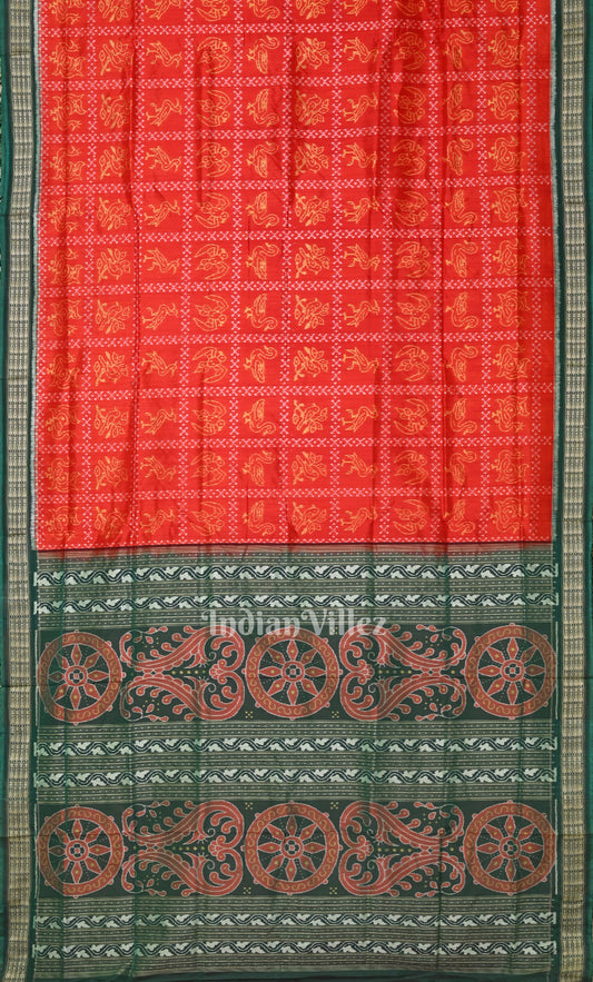 Red Green Dasakothi Odisha Ikat Sambalpuri Silk Saree