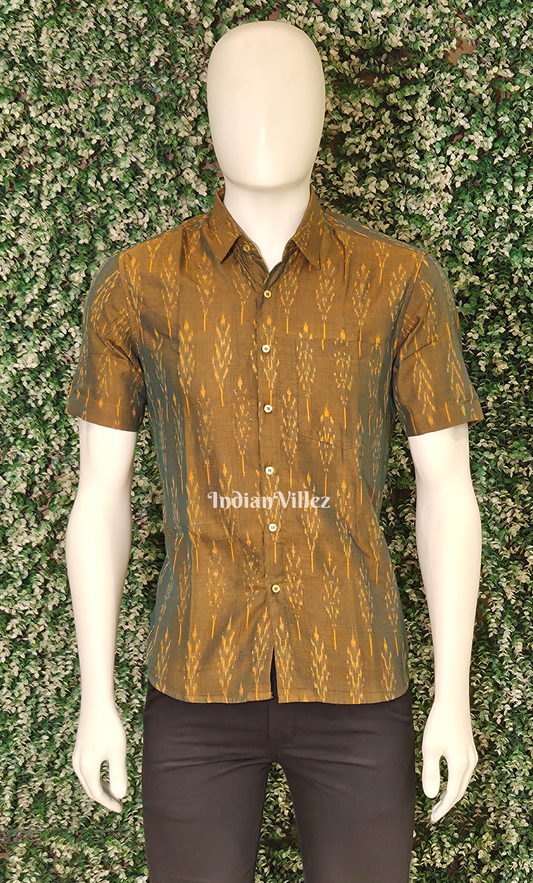Mehendi Green Dual Tone Pochampally Ikat Cotton Half Sleeve Shirt for Men