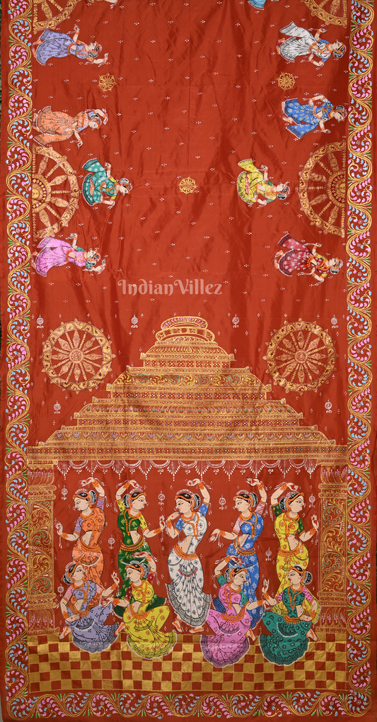 Rust Orange Nartaki Konark Temple Hand-Painted Pattachitra Saree