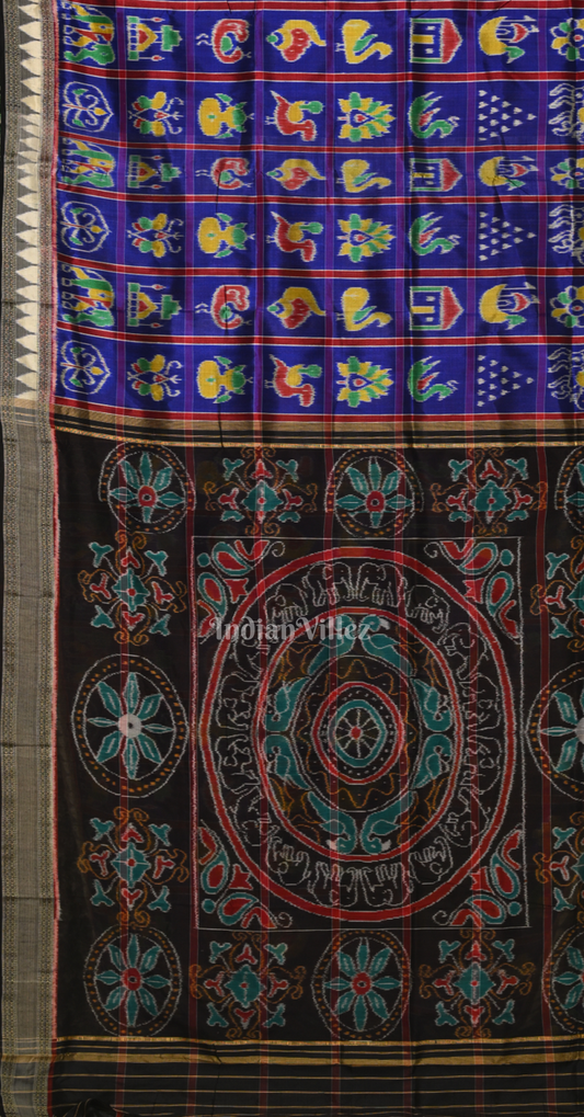 Blue Black Nabakothi Odisha Ikat Khandua Silk Saree with Pecock Elephant Chandua Anchal