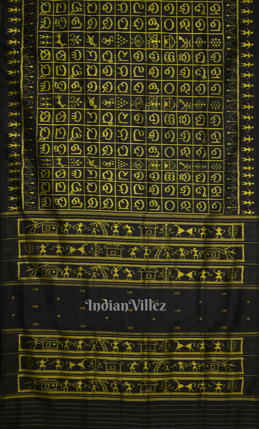 Black Odia Barnamala Contemporary Designer Silk Saree with Tribal Anchal