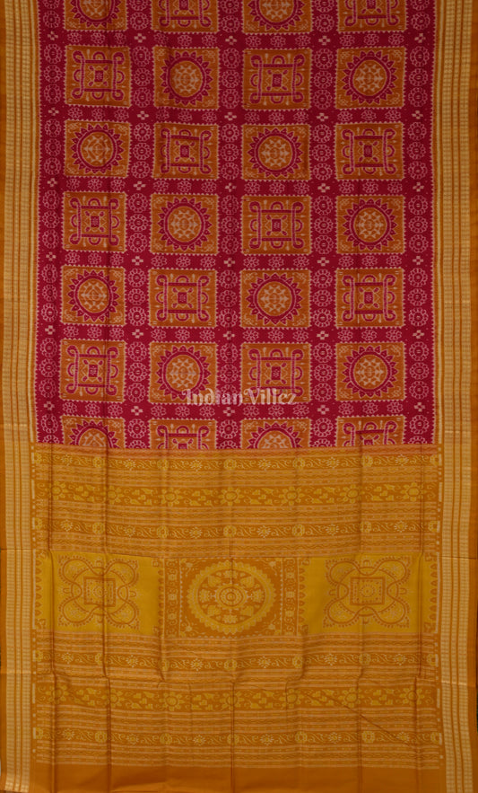 Rani Pink Mustard Yellow Jhoti Motif Odisha Ikat Sambalpuri Silk Saree