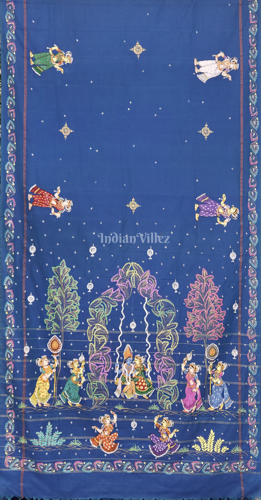 Blue Radha krishna Doli Theme Hand-Painted Pattachitra Saree