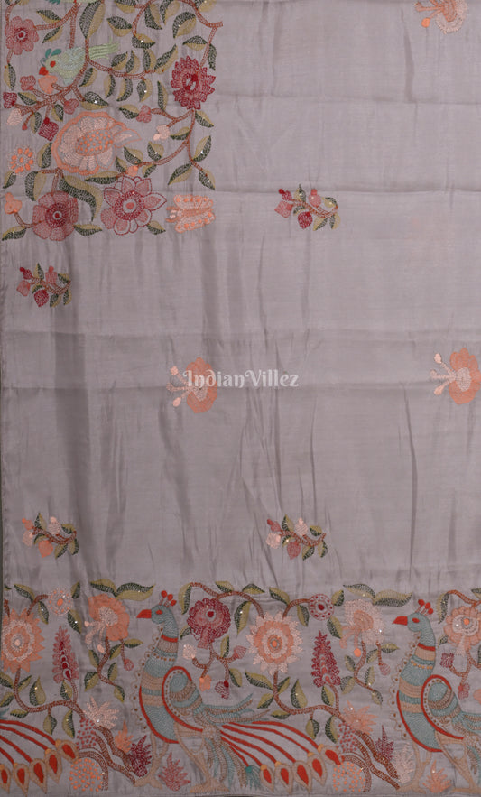 White Tusasr Silk Saree with Floral Hand Embroidery