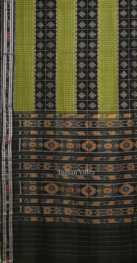 Mehendi Green Checks Black Middle Pasapali Odisha Ikat Sambalpuri Cotton Saree