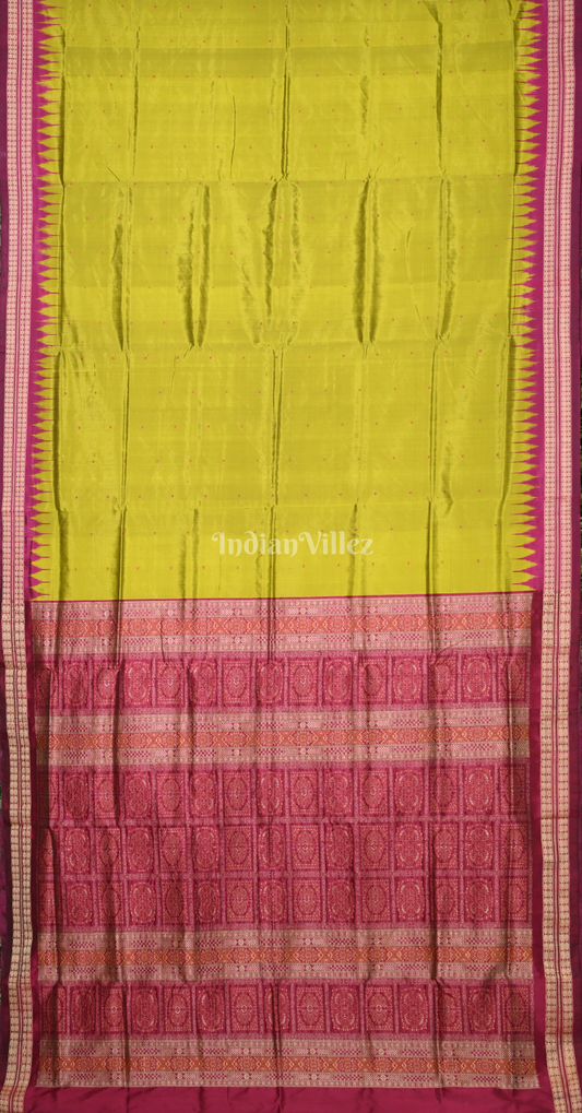 Parrot Green Magenta Pink Buti Design Odisha Ikat Bomkai Silk Saree