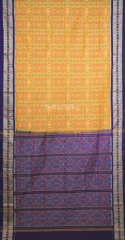Mustard Yellow Purple Floral Motif Odisha Ikat Sambalpuri Cotton Saree