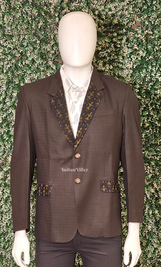 Coffee Brown Tribal Theme Odisha Ikat Men's Designer Blazer