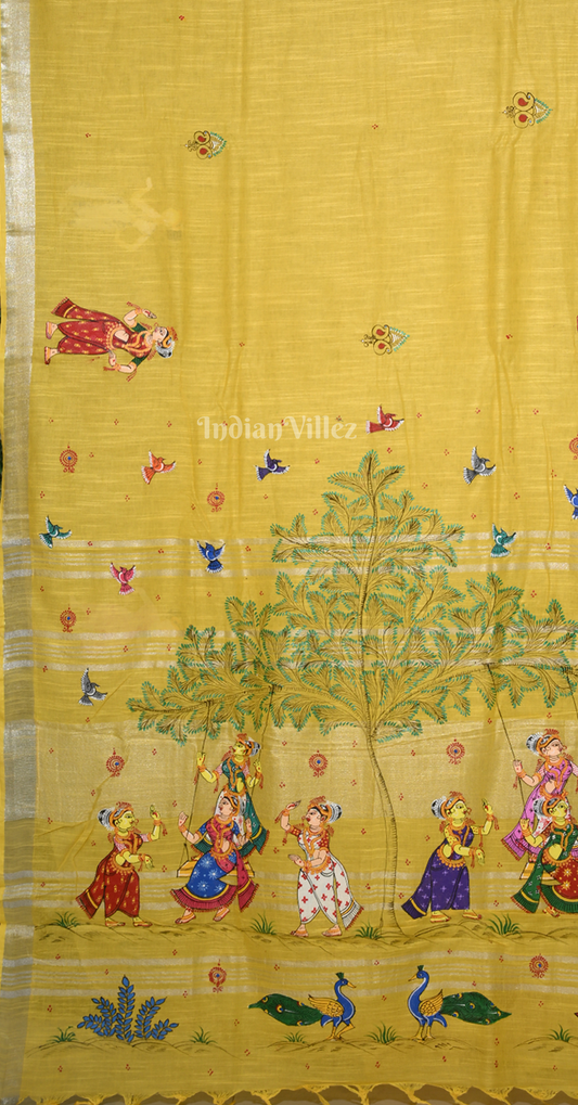 Yellow Raja Doli Theme Hand- Painted Pattachitra Saree
