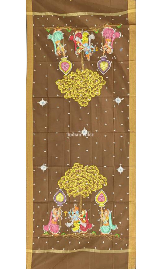 Peanut Brown Radha Krishna Pattachitra Art on Chanderi Dupatta