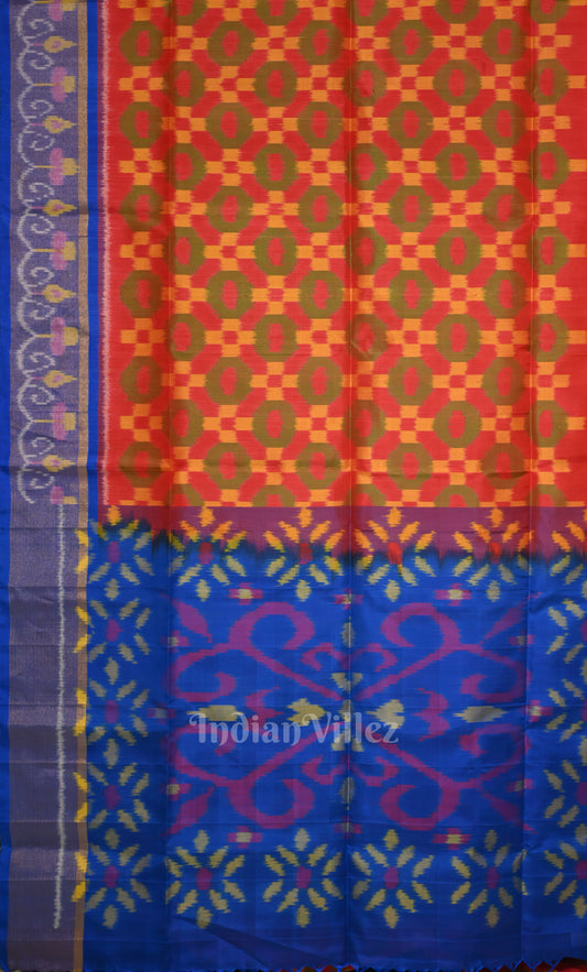 Orange Blue Pochampally Ikat Silk Saree
