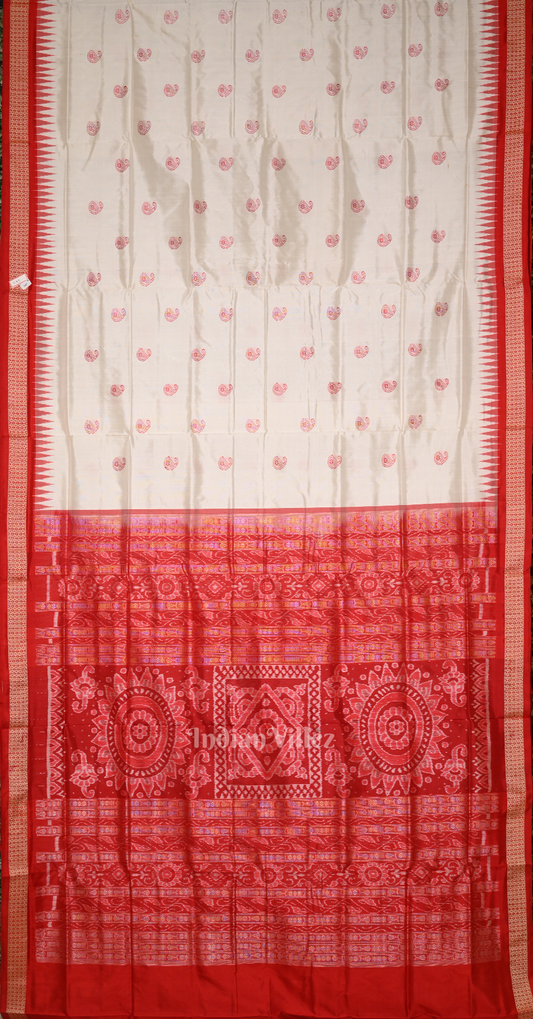 White Red Paisley Odisha Ikat Bomkai Sambalpuri Silk Saree