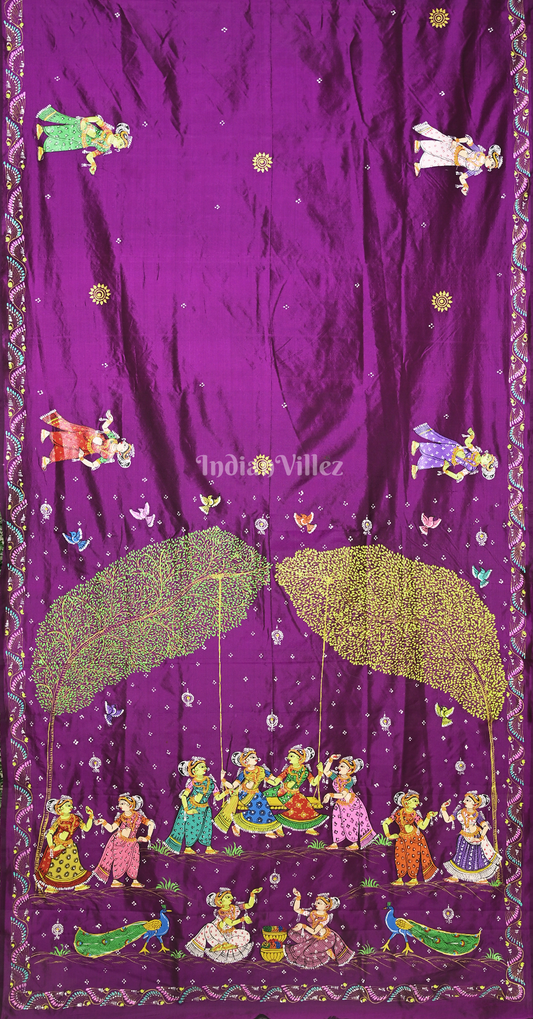 Purple Raja Doli Theme Hand-Painted Pattachitra Saree