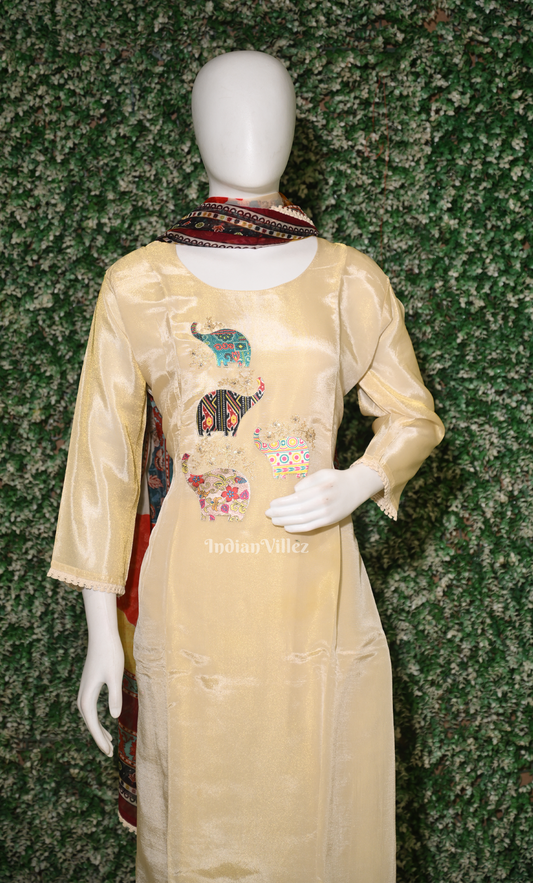 Beige Elephant Embroidered Kurta Pant with Dupatta Set