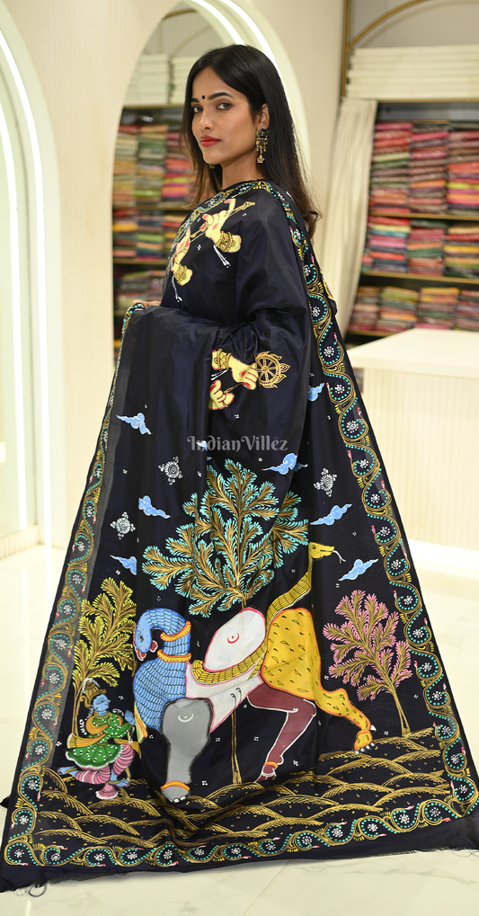 Dark Blue Arjuna Bows to Navagunjara Hand-Painted Pattachitra Saree