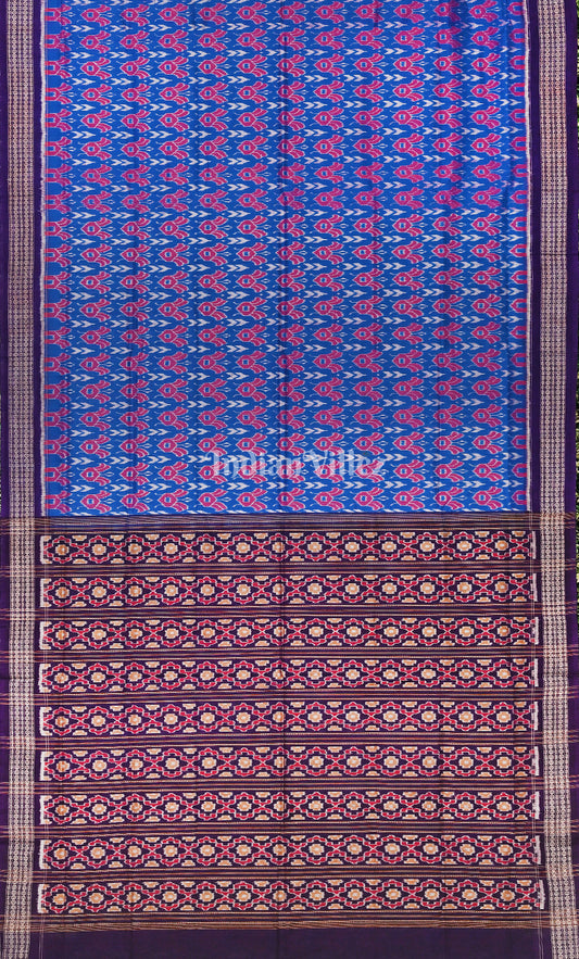 Blue Purple Flower Motif Odisha Ikat Sambalpuri Cotton Saree