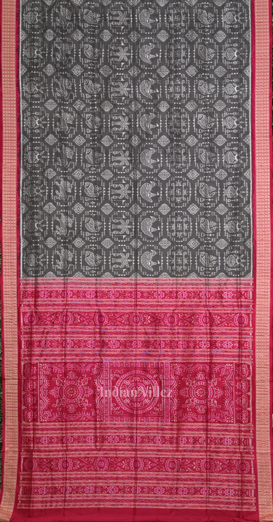 Grey Pink Telia Rumal Theme Odisha Ikat Sambalpuri Silk Saree