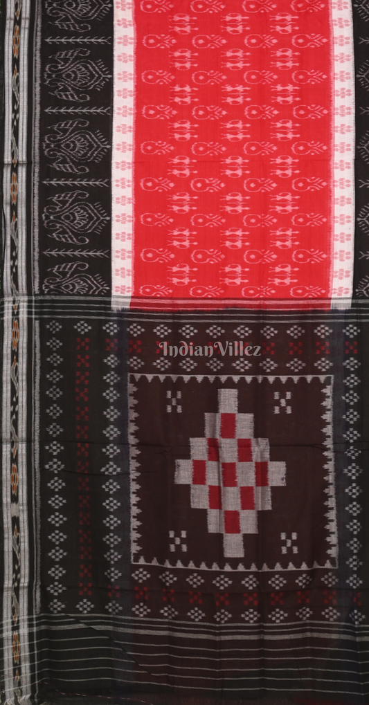 Red Black Tribal Theme Odisha Ikat Sambalpuri Cotton Saree with Pasapali Anchal