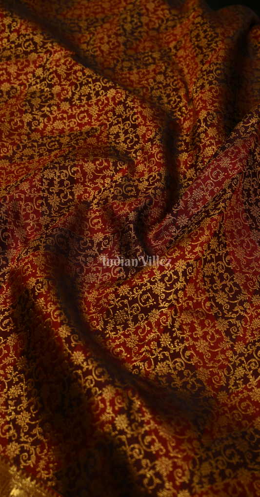 Exclusive Dark Maroon Golden Floral Brocade Pure Kanjivaram Silk Saree