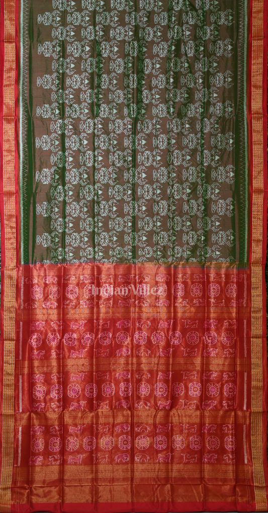 Moss Green Red Sankha Padma Motif Half Tissue Odisha Ikat Sambalpuri Silk Saree