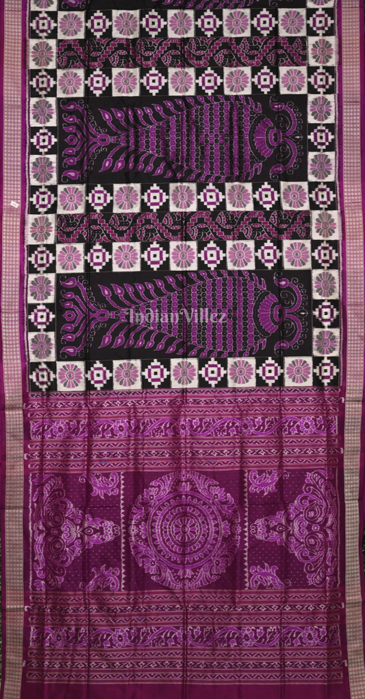 Purple Black Pasapali with Fish Motif Odisha Ikat Sambalpuri Silk Saree