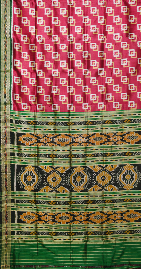 Red Green Geometric Motif Odisha Ikat Khandua Silk Saree