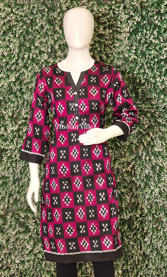 Magenta Pink Black Pasapali Odisha Ikat Designer Cotton Kurti for Women
