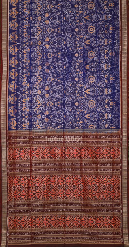 Blue Maroon Flower Design Odisha Ikat Sambalpuri Silk Saree