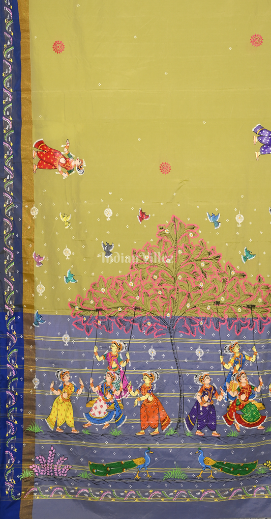 Lemon Green Raja Doli Theme Hand-Painted Pattachitra Saree