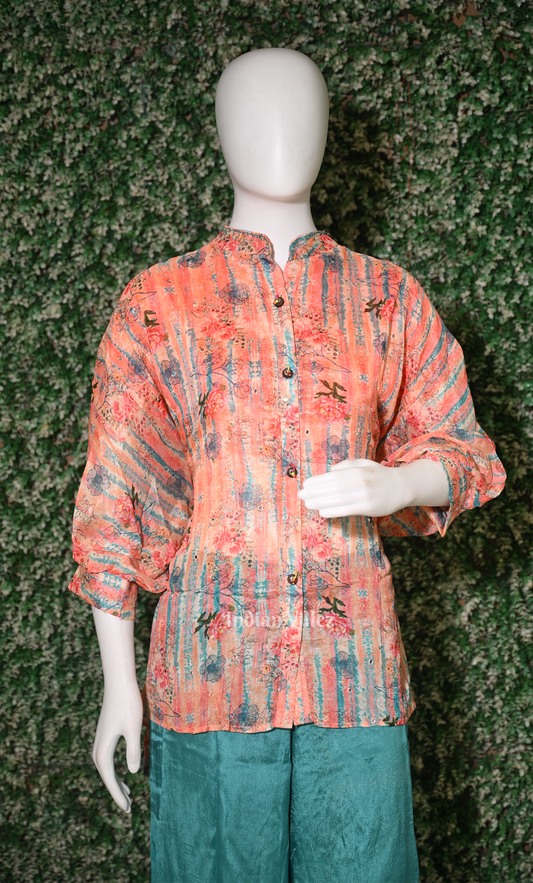 Designer Light Orange Blue Floral Printed Kurta Set with Palazzo-(Co-Ords Set)