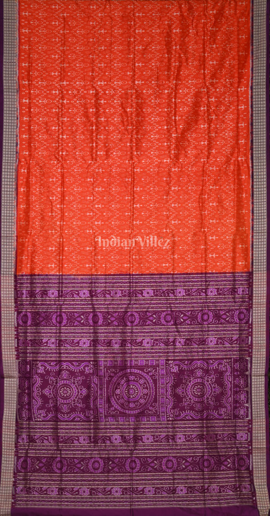 Orange Purple Tribal Theme Odisha Ikat Sambalpuri Silk Saree
