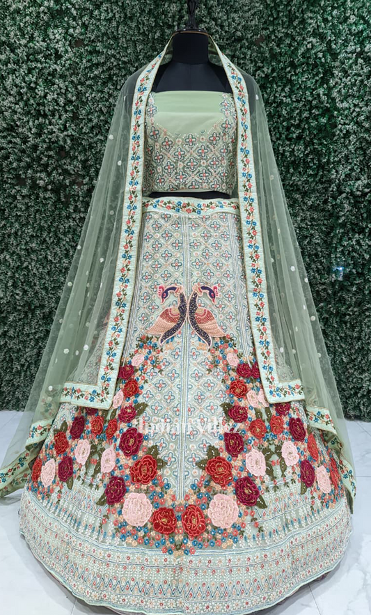 Mint Green Floral & Peacock Embroidery Lehenga Choli with Dupatta